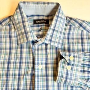 Nautica Mens Plaid Long Sleeve Button Down Shirt Blue Green White Size Medium